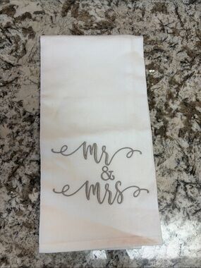Mr & Mrs Embroidered White Cotton Tea Towel NWOT quiet luxury bridal wedding